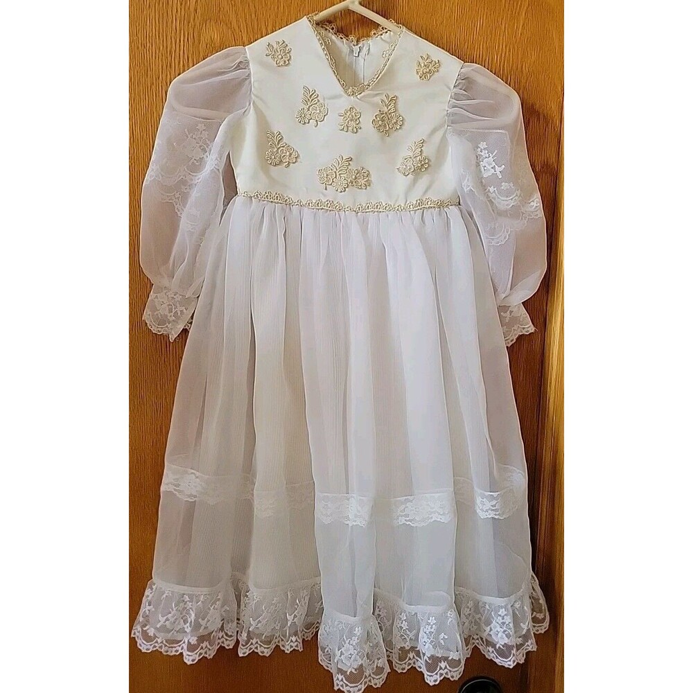 Vtg KIDS Girls 4-5 Ivory LACE/SATIN CHRISTENING/FLOWER GIRL DRESS  Embroidered